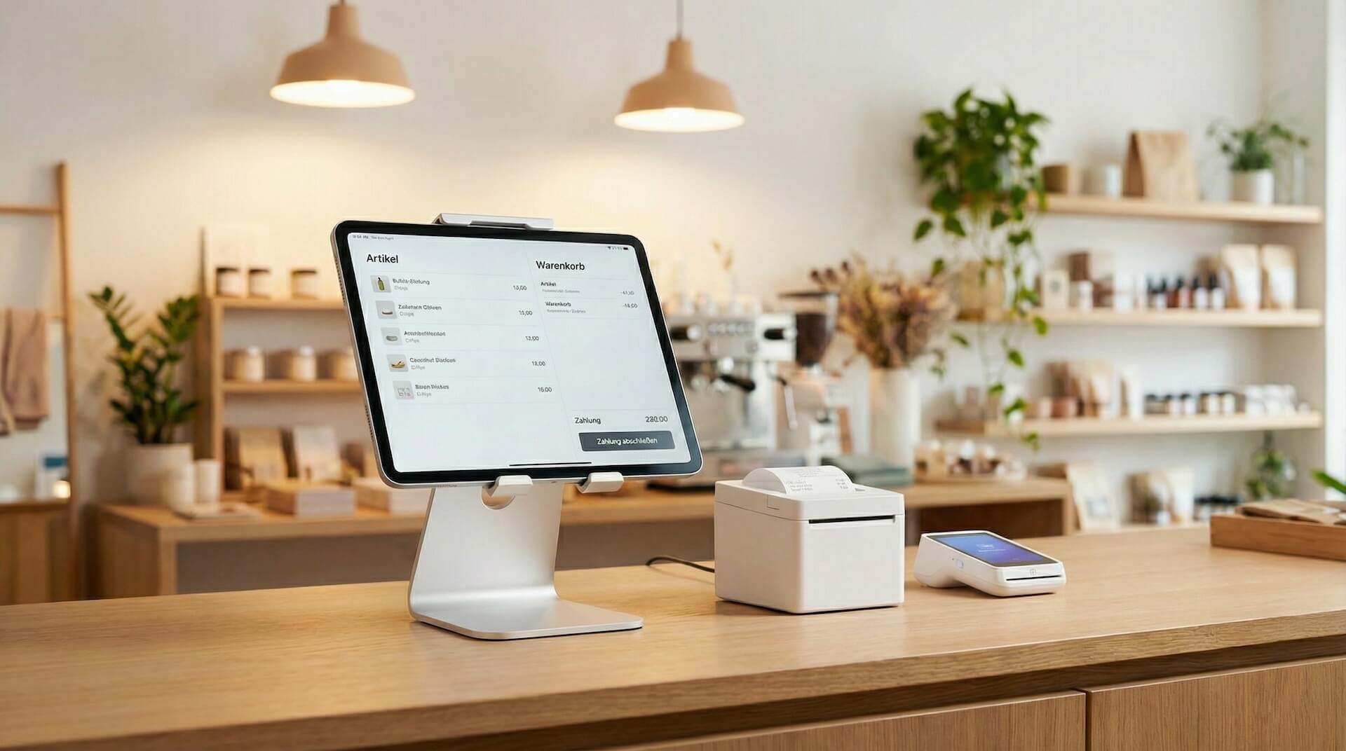 Elegantes iPad auf einem weißen Ständer auf einem hellen modernen Café-Tresen, Display zeigt deutsches Kassensoftware-Interface mit Artikeln und Warenkorb
