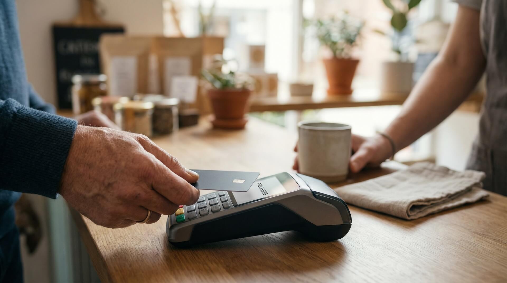 Kundenhand tippt kontaktlos eine Bankkarte auf ein Kartenlesegerät an einer Ladentheke, Händler im Hintergrund entspannt wartend, warmes Café-Ambiente