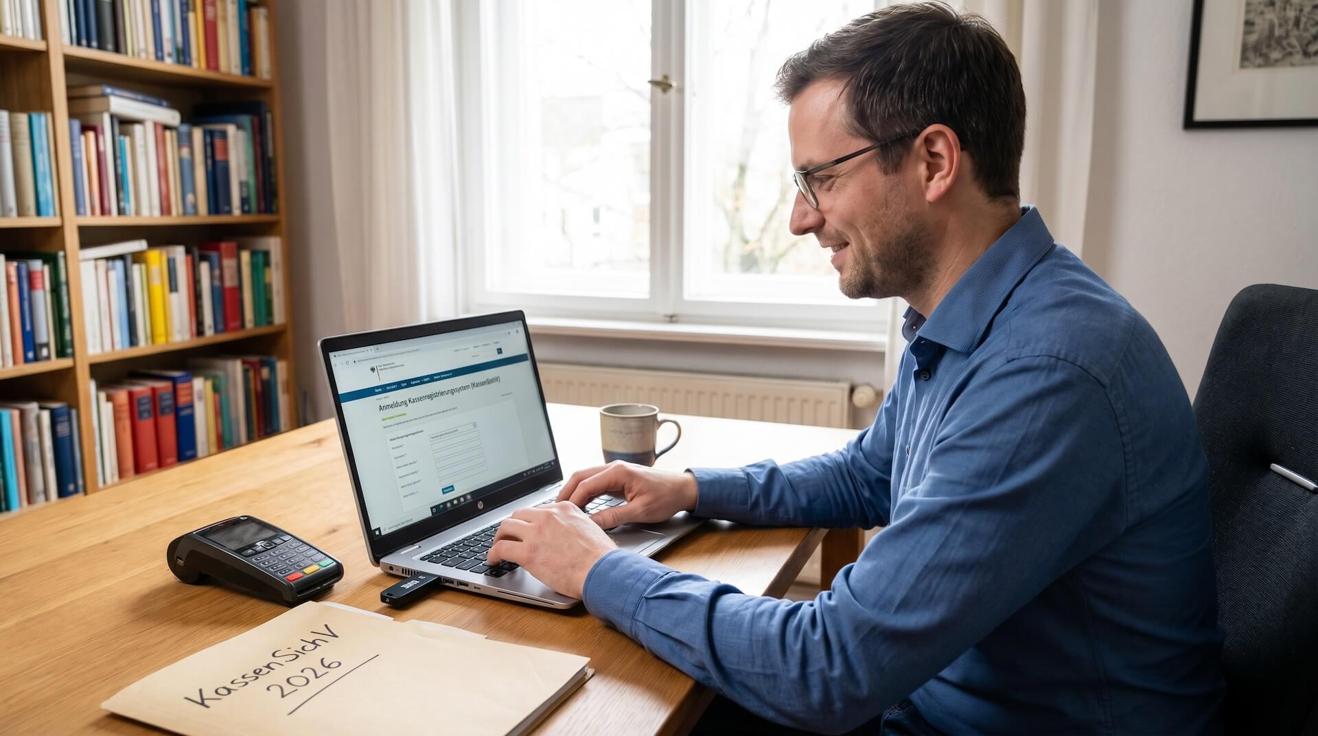 Gastronom füllt am Laptop das ELSTER-Formular zur Anmeldung seiner Kasse aus, daneben liegt eine Akte mit der Aufschrift KassenSichV 2026 und ein Kartenterminal
