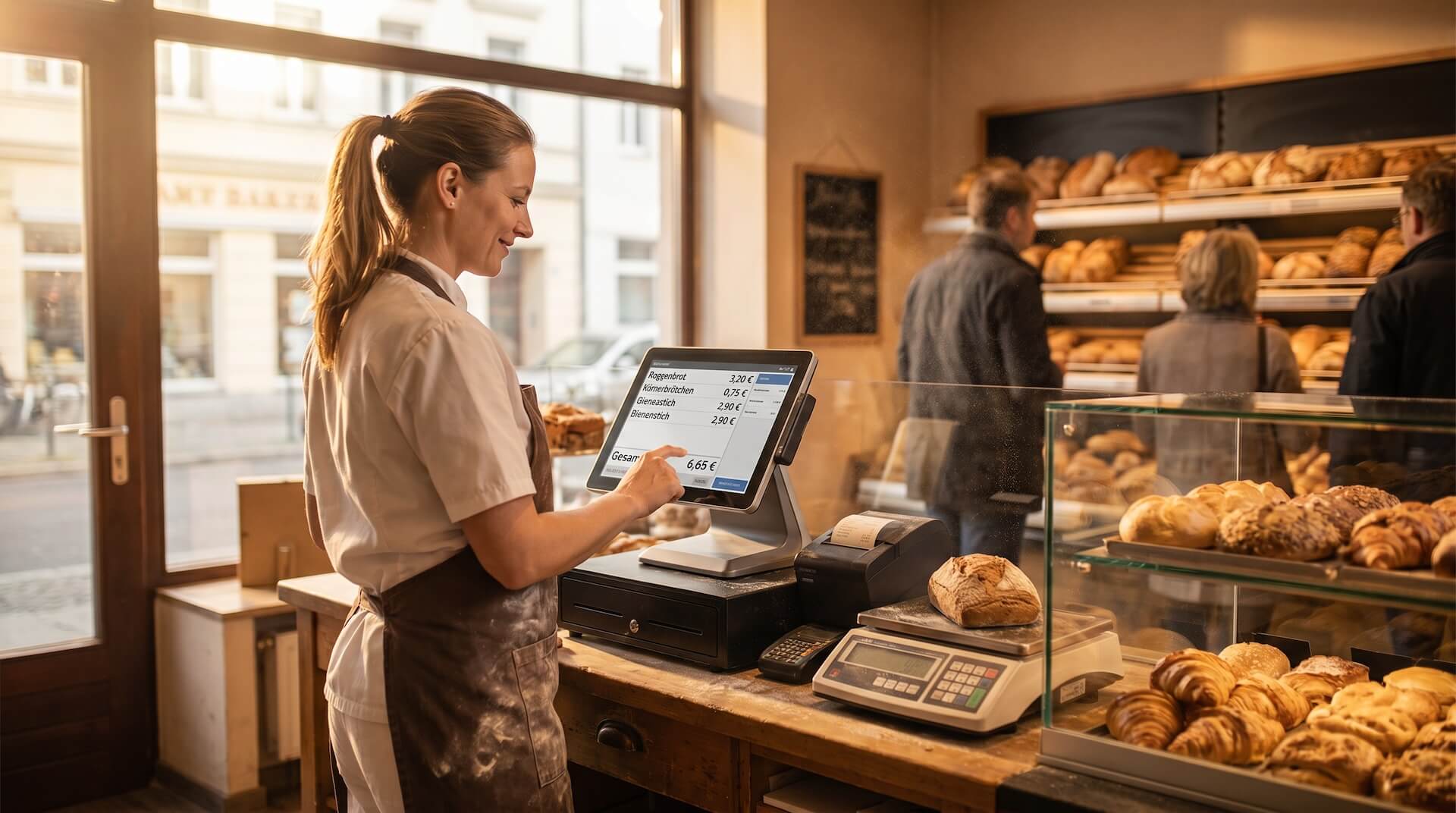 Eine Bäckerin bedient morgens ein Kassensystem mit Glasoberfläche an der Bäckerei-Theke. Auf dem Tresen stehen eine Waage und frische Backwaren.