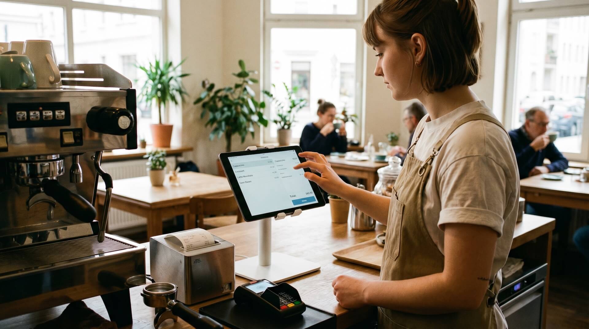 Barista in hellem Café bedient iPad-Kassensystem auf Ständer mit deutscher Bestelloberfläche, daneben Espressomaschine, Bon-Drucker und Kartenlesegerät, Gäste im hellen Hintergrund