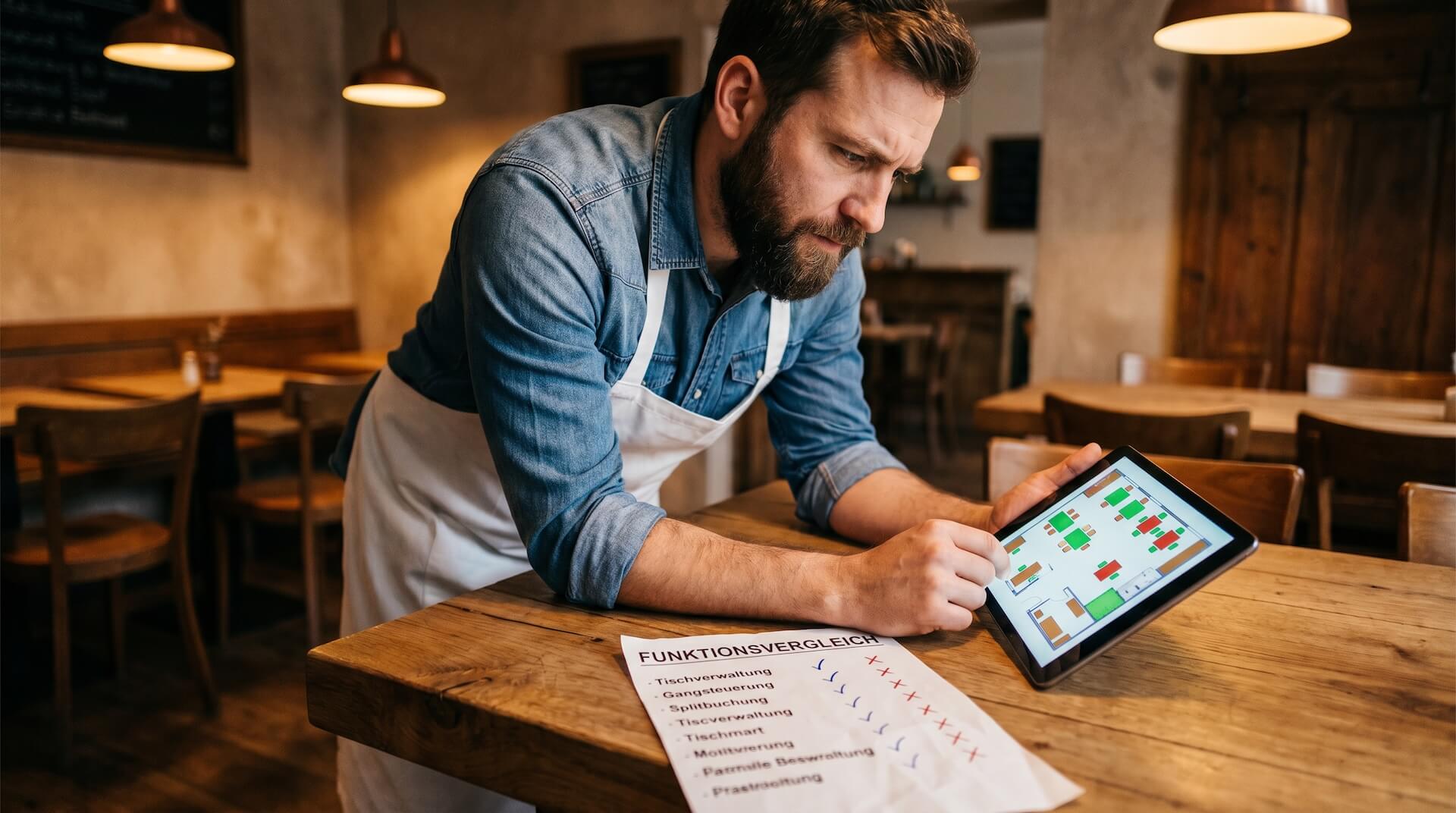 Gastronom mit Schürze prüft im Restaurant am Tablet die Tischverwaltungs-Ansicht eines Kassensystems, daneben eine handgeschriebene Funktionsvergleichs-Liste