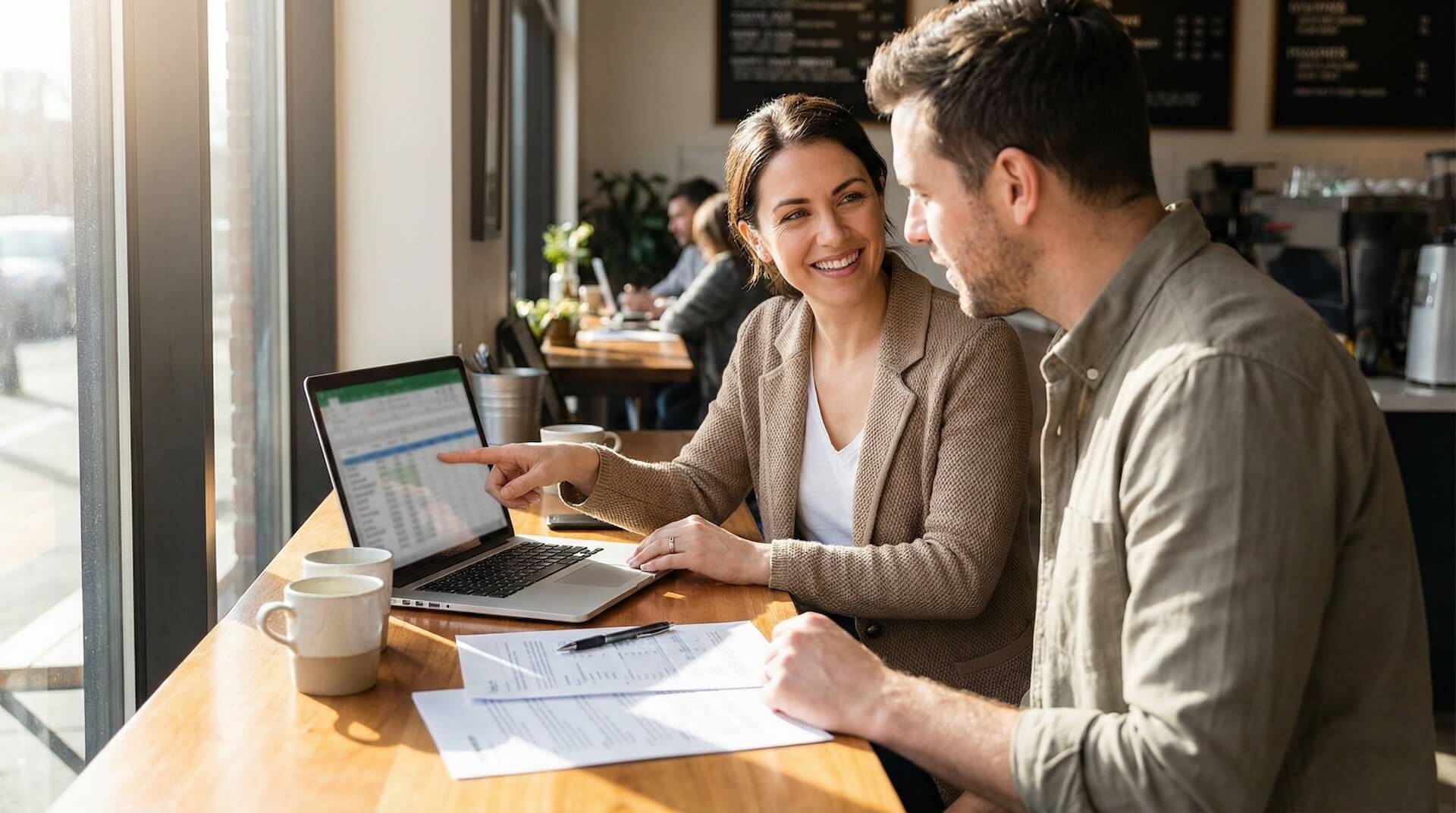 Unternehmerin und Berater sitzen zusammen in einem Café und schauen gemeinsam auf einen Laptop mit Finanzierungsunterlagen auf dem Tisch