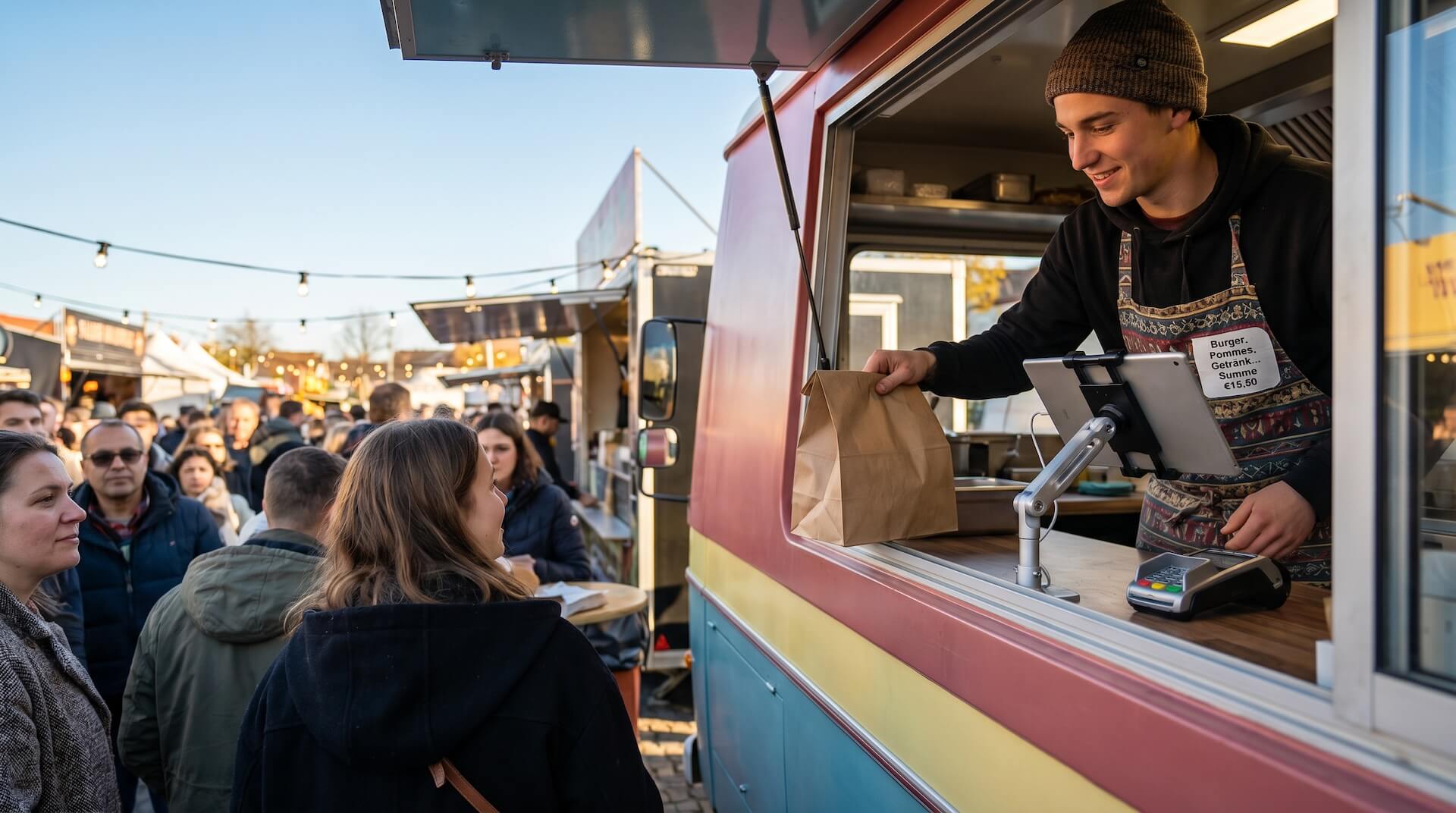 Junger Koch im Foodtruck-Fenster reicht lächelnd eine Papiertüte an Kundin, daneben kompaktes Tablet-Kassensystem mit deutschen Menüpunkten Burger, Pommes, Getränk und mobiles Kartenlesegerät, belebter Streetfood-Markt im Hintergrund
