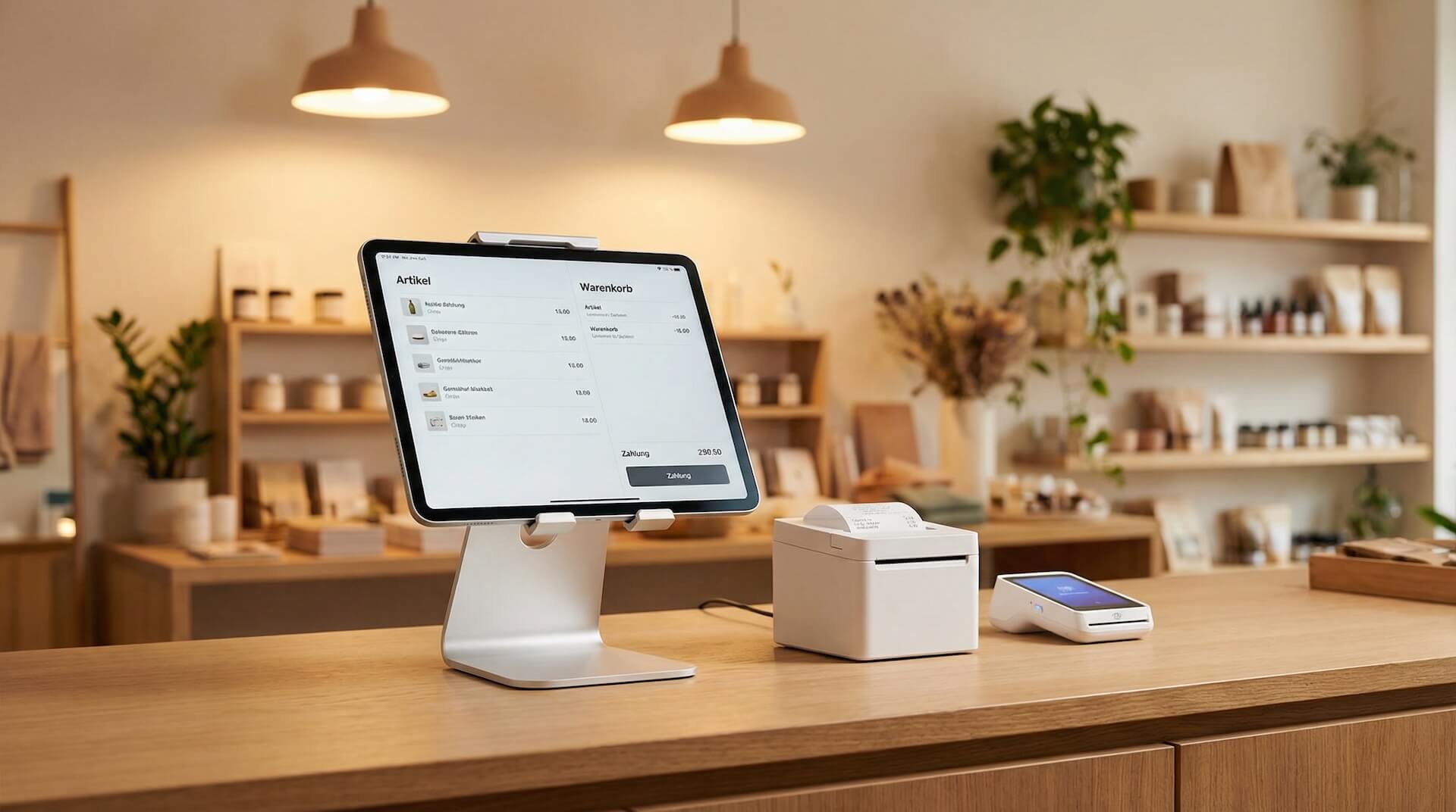 Modernes iPad-Kassensystem auf einem Ladentresen: iPad auf weißem Ständer, Bondrucker und Kartenlesegerät daneben, warmes Ladenlicht und Regale im Hintergrund