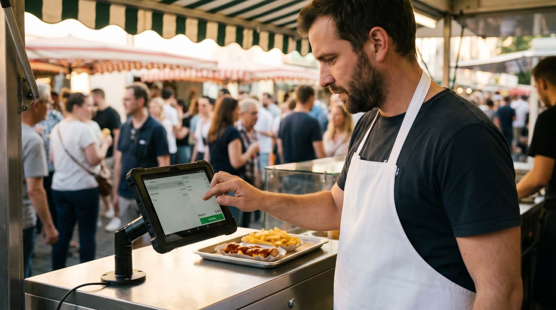 Ein Imbiss-Betreiber tippt eine Bestellung auf einem robusten, mobilen Kassensystem-Tablet ein. Im Hintergrund ein belebter Foodtruck-Markt bei warmem Licht.