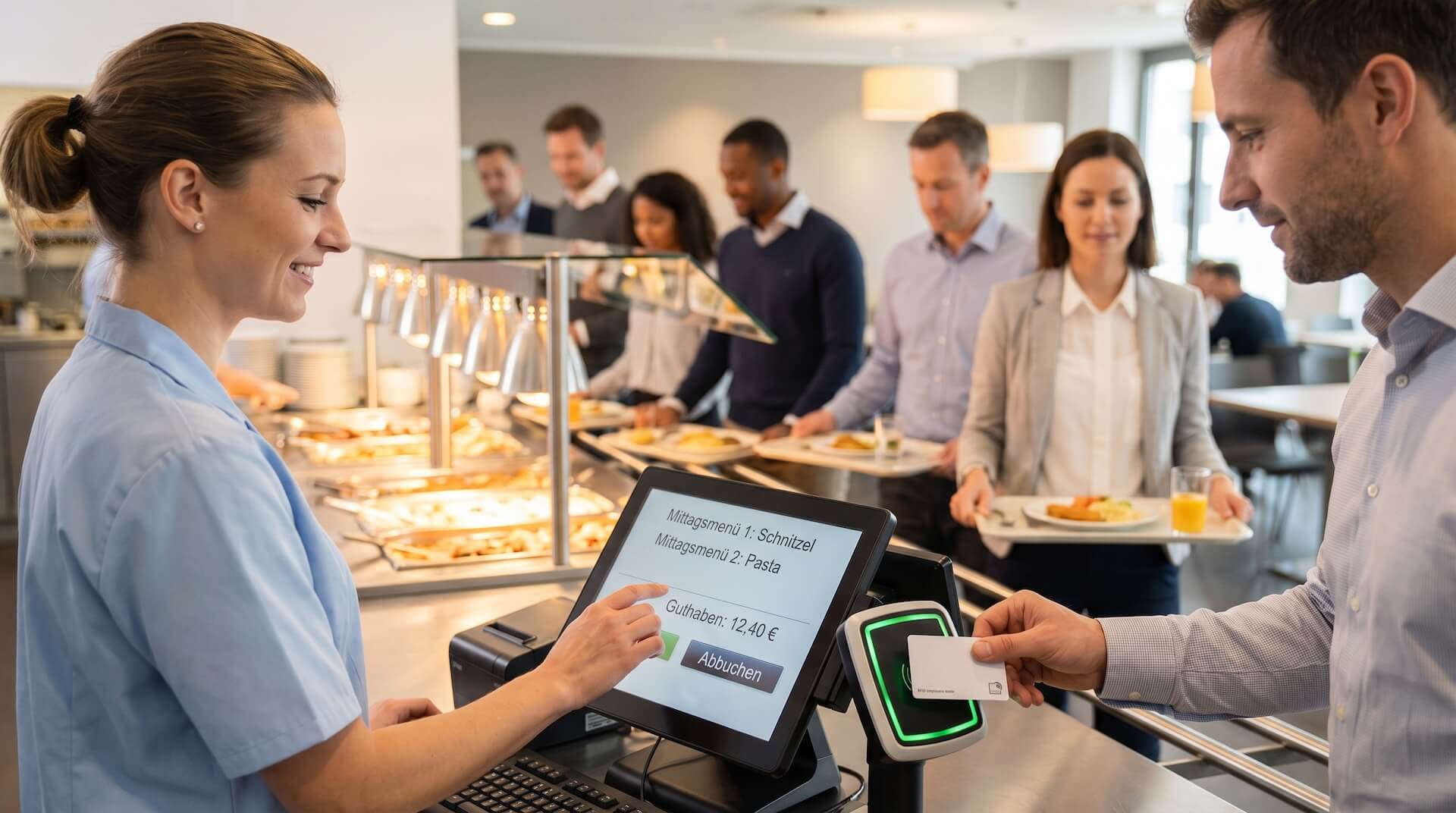 Eine Kassiererin bedient ein modernes Kassensystem in einer Kantine, während ein Mitarbeiter sein Mittagessen mit einer RFID-Mitarbeiterkarte bezahlt.