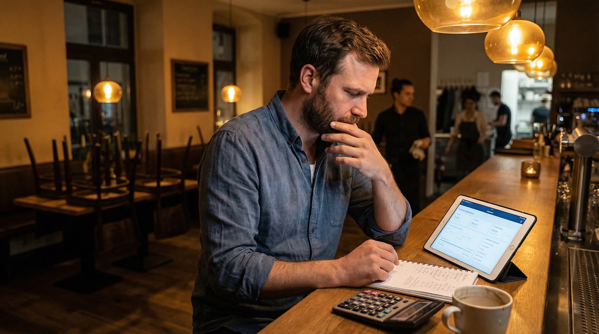 Gastronom sitzt abends nach Ladenschluss nachdenklich am Restauranttresen und schaut auf ein Tablet mit Kassensoftware-Dashboard, Taschenrechner und Notizbuch daneben