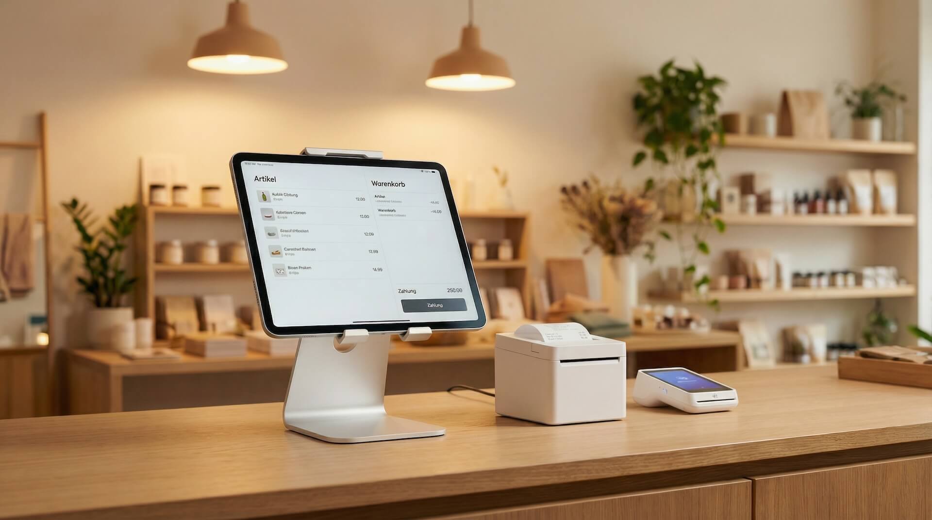 Blick auf einen modernen Einzelhandels-Kassentresen mit iPad-Kassensystem, Bondrucker und Kartenleser, im Hintergrund Regale mit Produkten