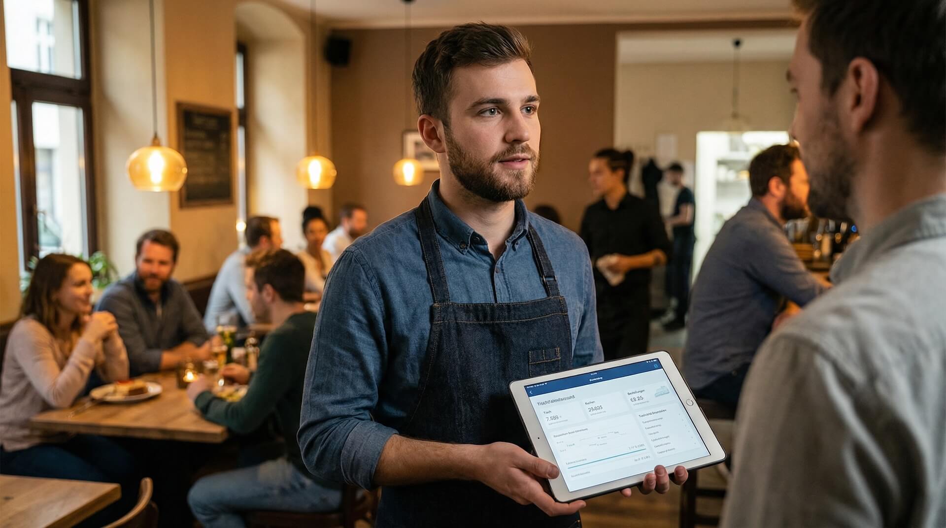 Kellner mit Schürze nimmt in einem belebten Restaurant eine Bestellung auf einem Tablet-Kassensystem auf, warme Atmosphäre mit Gästen im Hintergrund