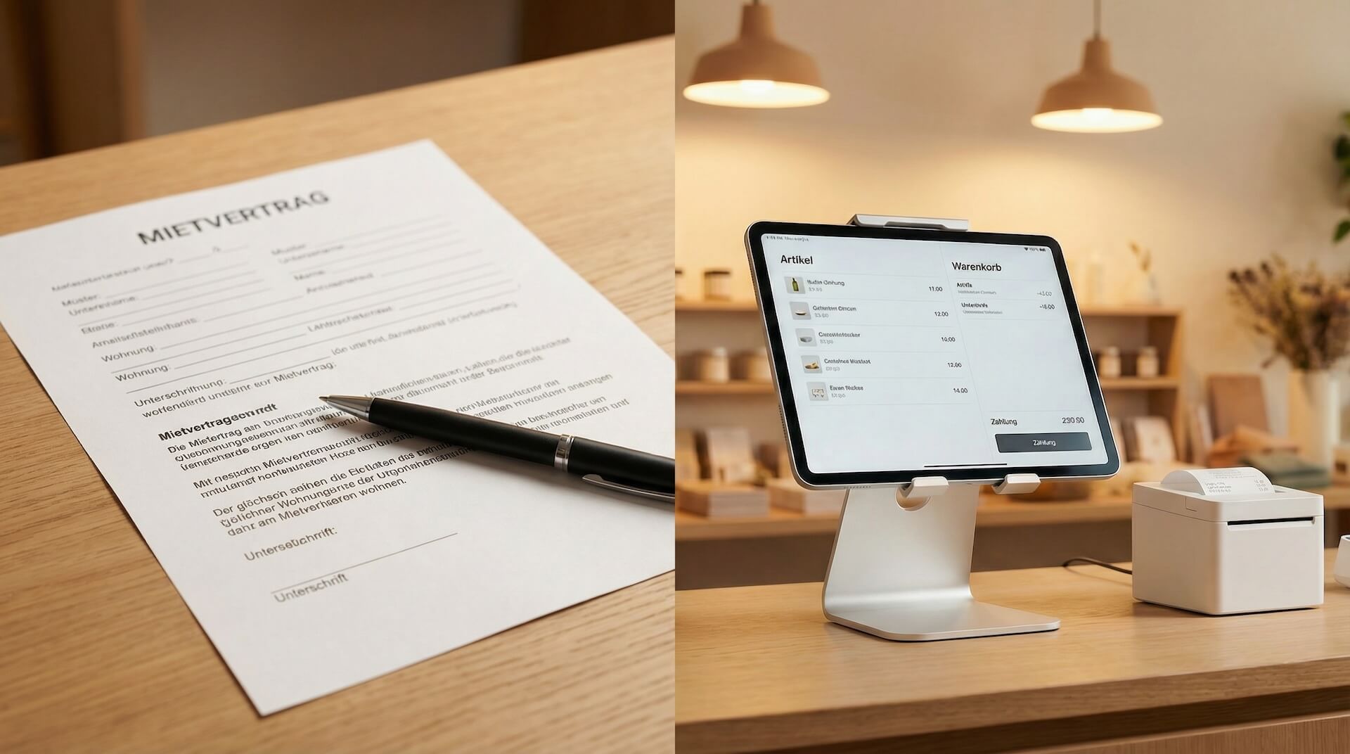 Zwei-geteiltes Bild: links ein Mietvertrag mit Stift auf einem Holztisch, rechts ein iPad-Kassensystem mit Bondrucker auf einem Ladentresen