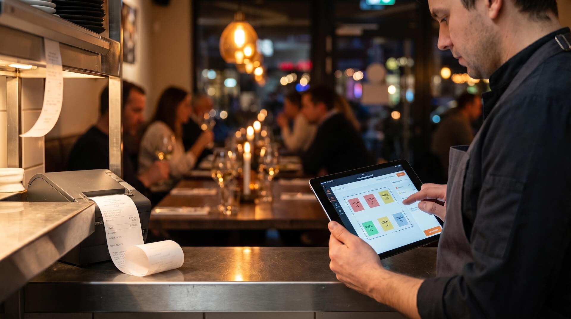 Kellner im dunklen Apron bedient Tablet-Kassensystem mit farbigem Tischplan, daneben Bon-Drucker mit ausgedrucktem Kassenbon, im Hintergrund belebtes Restaurant mit Kerzenbeleuchtung und Gästen