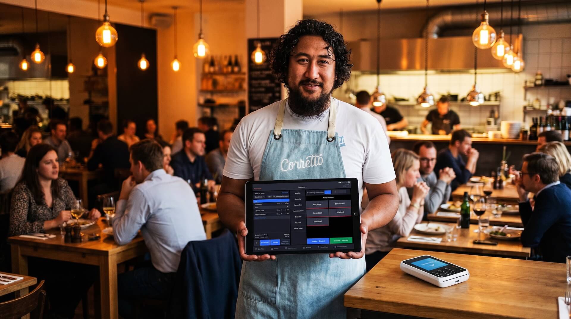 Restaurant-Manager im vollen Lokal zeigt das Lightspeed Restaurant Kassensystem auf einem iPad. Das dunkle Interface zeigt den Tischplan und die Bestellmaske.