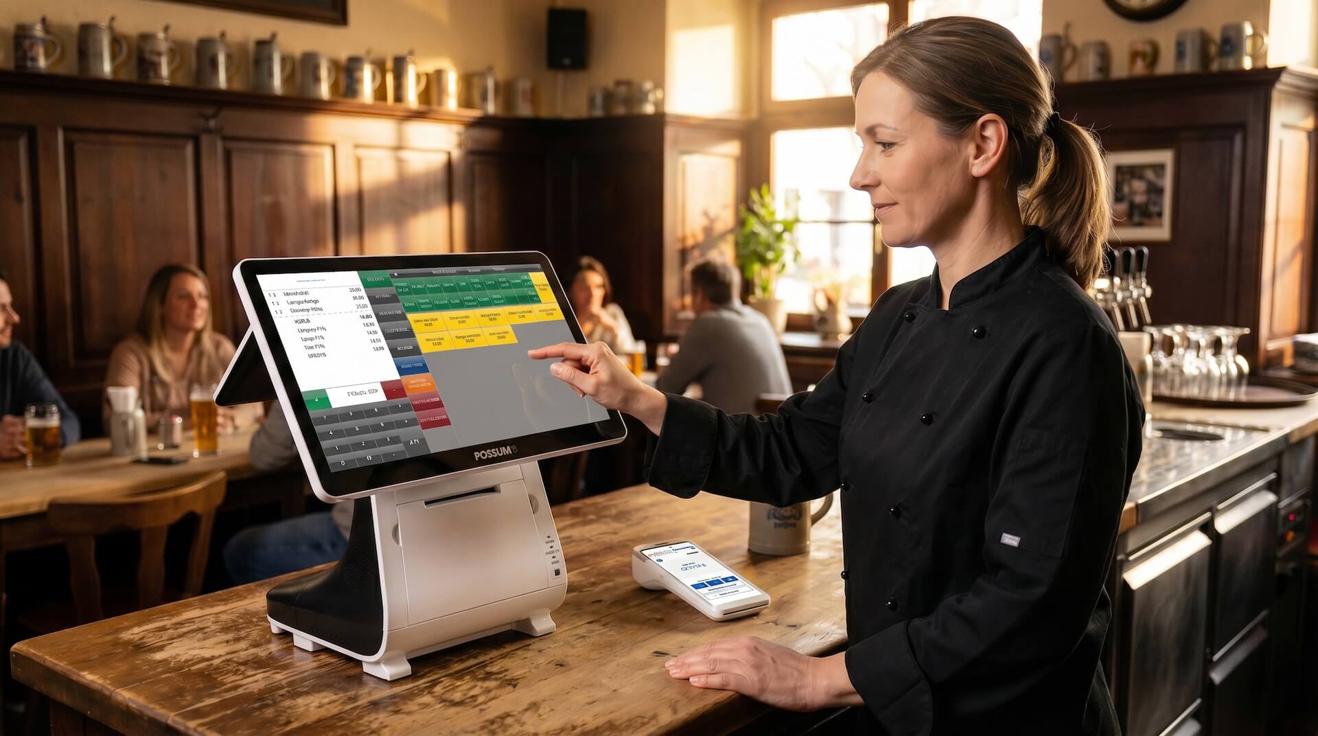 Gastronomin in einem traditionellen Restaurant bedient das stationäre POSSUM16 Kassensystem. Die bunte Oberfläche zeigt Kategorien wie Fleisch und Getränke.