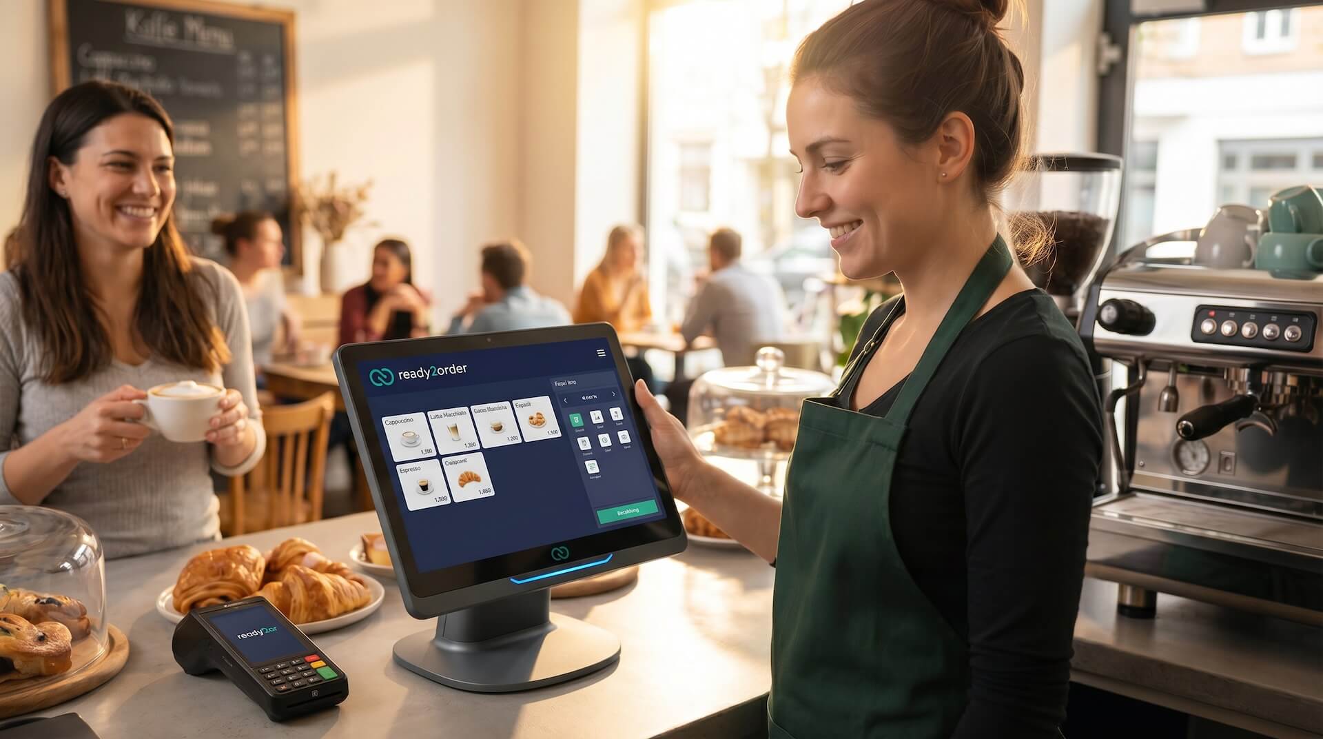 Barista im Café bedient die ready2order readyTab Kasse. Das dunkle Interface zeigt Kaffee-Produkte und den Tischplan für die Gastronomie.
