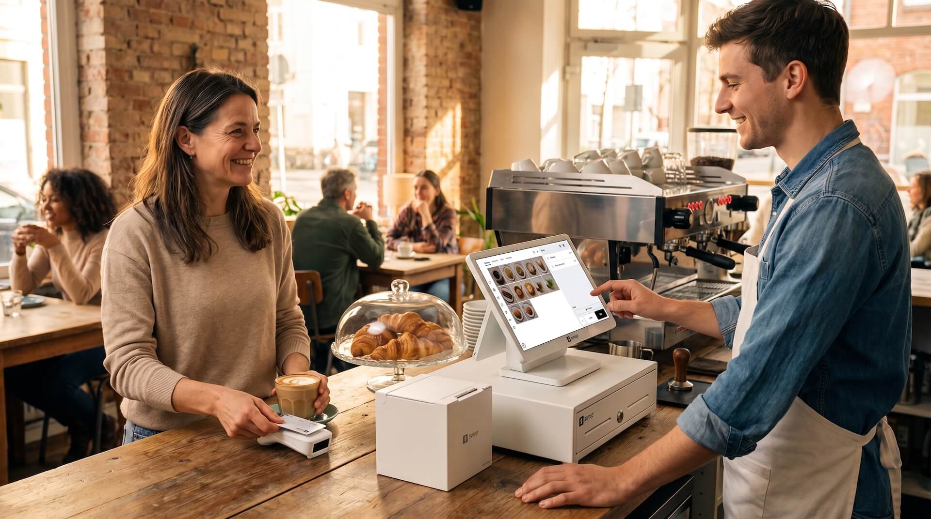 Junger Café-Besitzer bedient das weiße SumUp Kassensystem mit Doppeldisplay an der Theke. Die Kassen-Software zeigt das dunkle Interface für die Gastronomie.