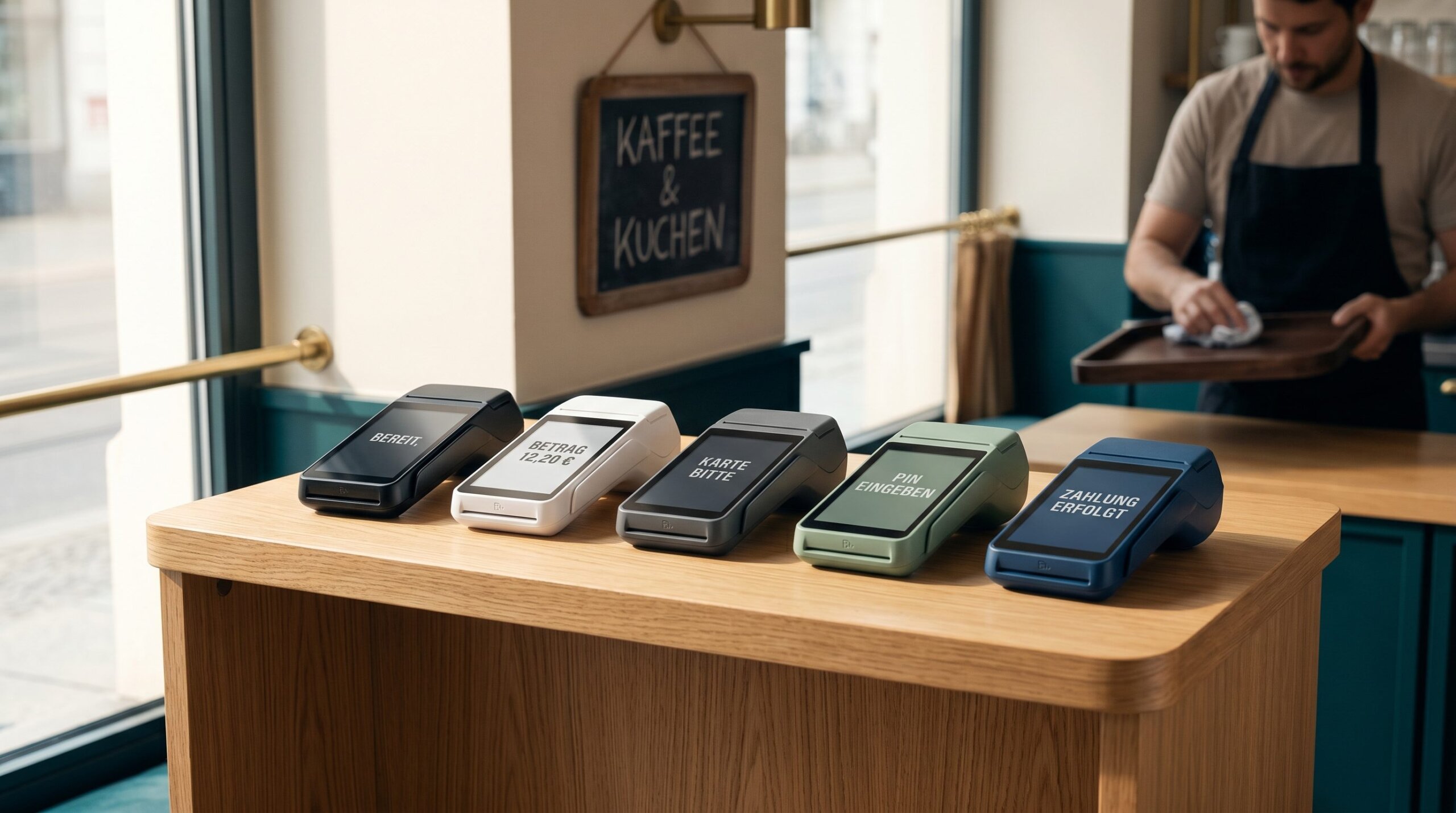 Fünf Kartenterminals verschiedener Hersteller in Schwarz, Weiß, Grau, Salbeigrün und Blau auf einem hellen Café-Tresen, Displays zeigen typische deutsche Zahlungsstrings — Flatpay-Alternativen im Überblick.