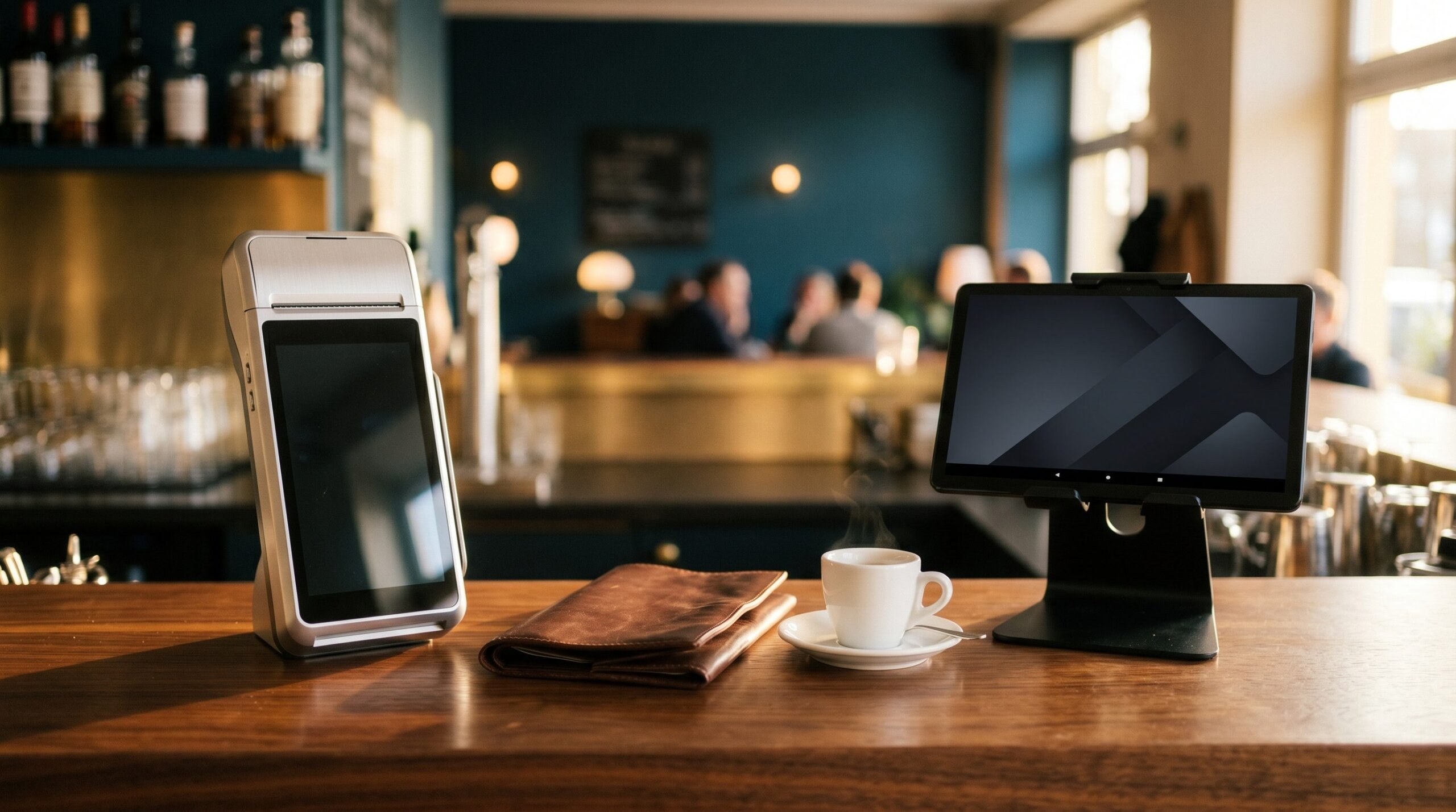 Bistro-Tresen im warmen Abendlicht: links ein silbernes Kartenterminal mit Belegdrucker, rechts eine Tablet-Kasse auf Standfuß, dazwischen ein Lederetui und eine Espressotasse — Vergleich Flatpay vs Speedy.