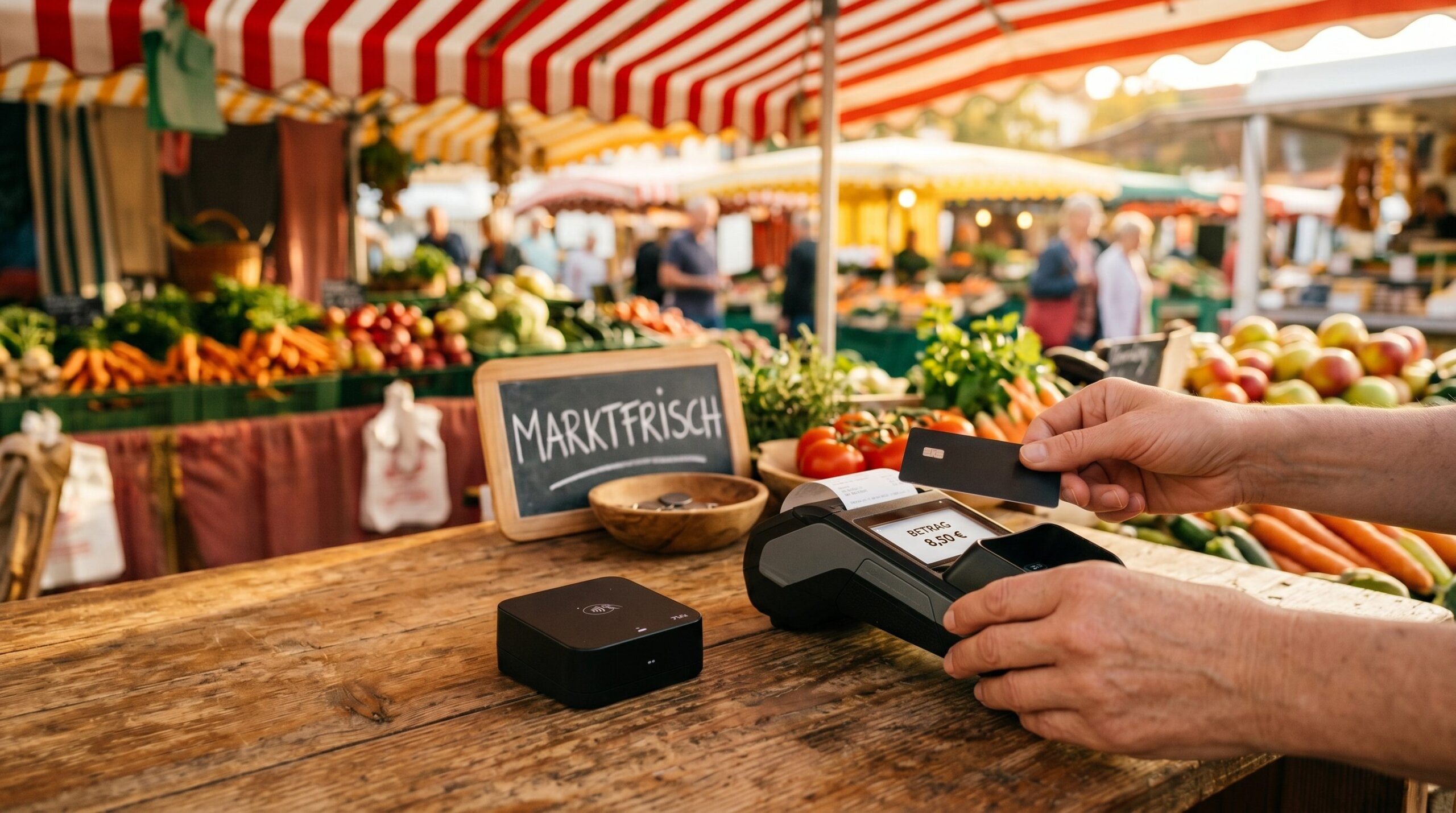 Hände halten eine schwarze Kreditkarte über zwei Kartenterminals auf einem Marktstand-Tresen: links ein kompakter Cube-Reader, rechts ein Standalone-Terminal mit Belegdrucker, im Hintergrund Marktszene mit Gemüseauslagen — Vergleich Flatpay vs SumUp.
