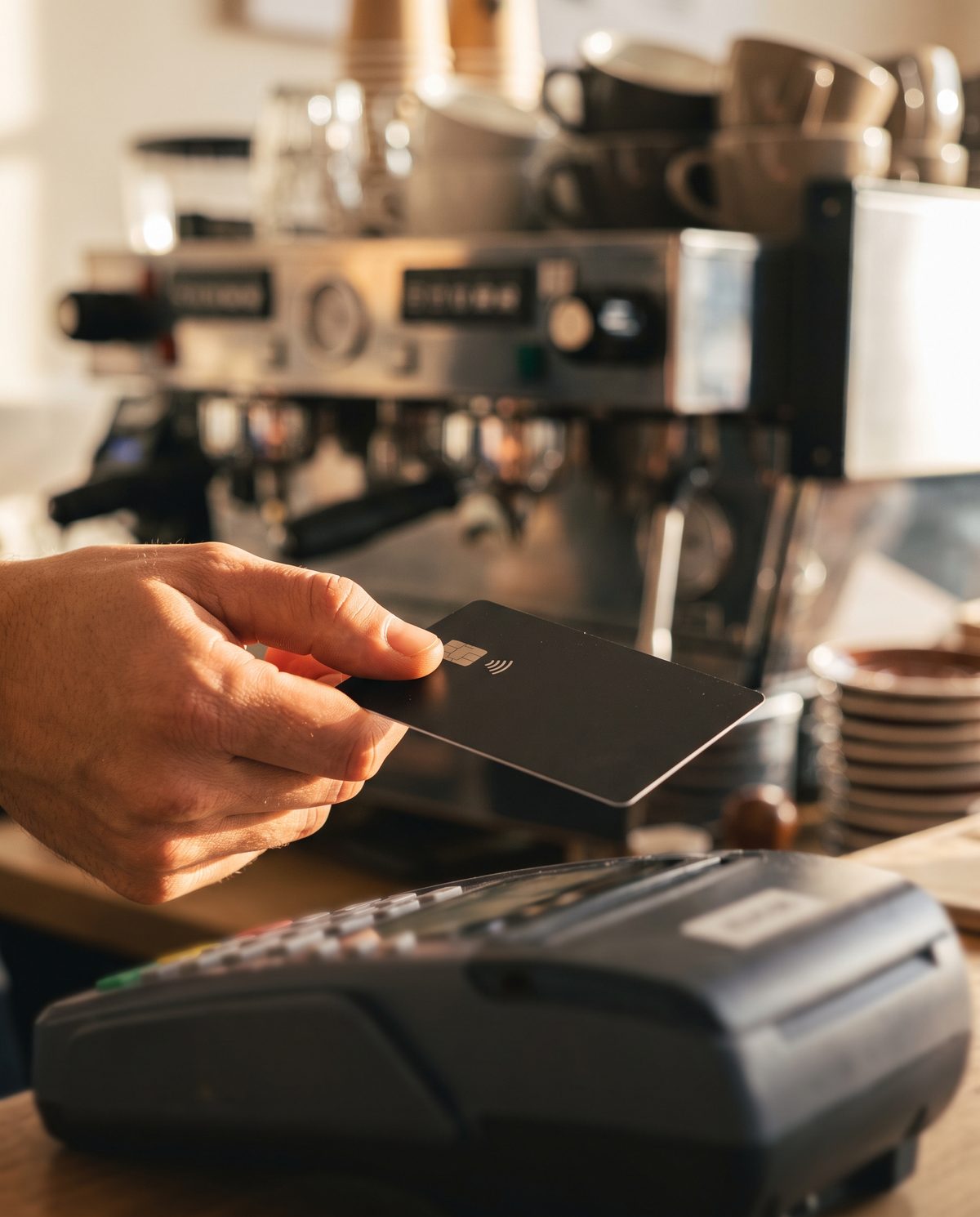 Bezahlmoment im Café: Hand hält Karte über ein generisches Kartenterminal, warmes Morgenlicht
