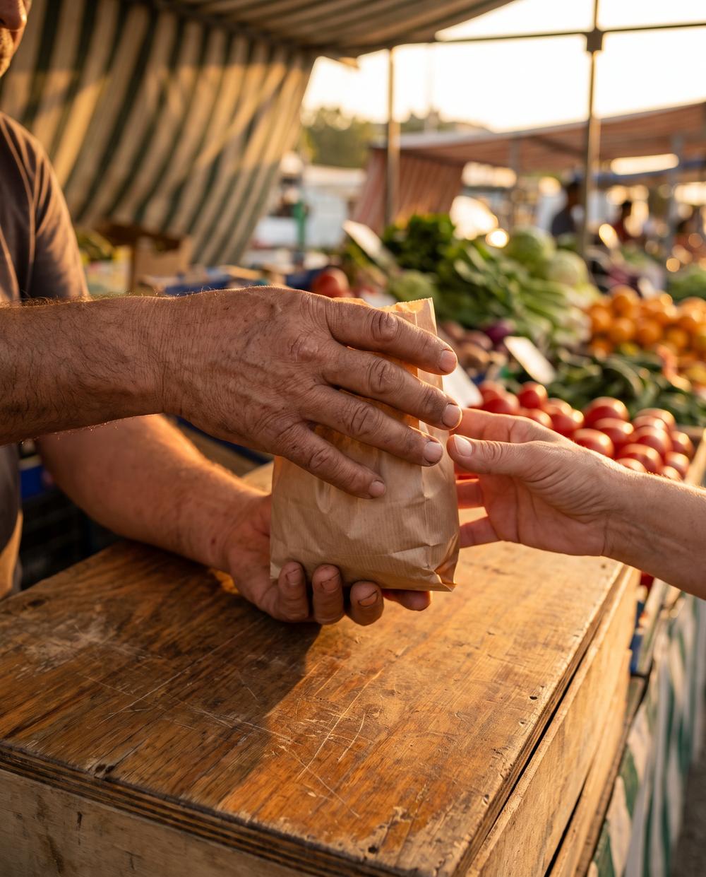 Marktstand: Hände übergeben eine Papiertüte über die Theke, Abendlicht